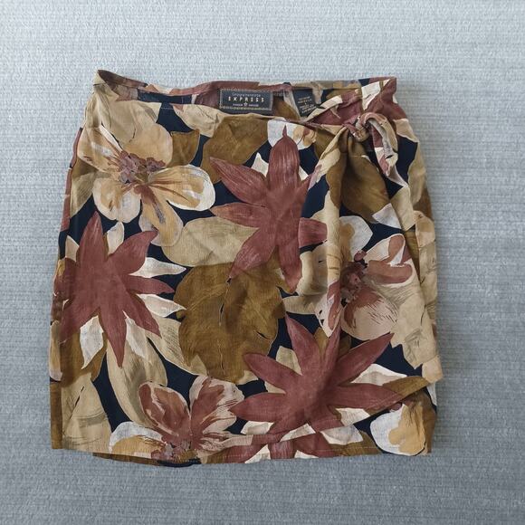 VTG Y2K Express Wrap Skirt Women L Brown Dark Floral Mini Femme Fairy Beach 90s - Picture 1 of 7